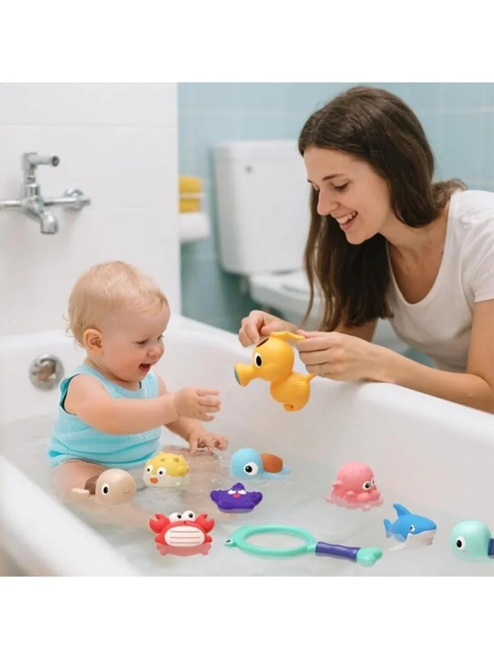 Fun Bath Toy Set for Babies 6-18 Months - No Hole Sea Animal Fishing Game